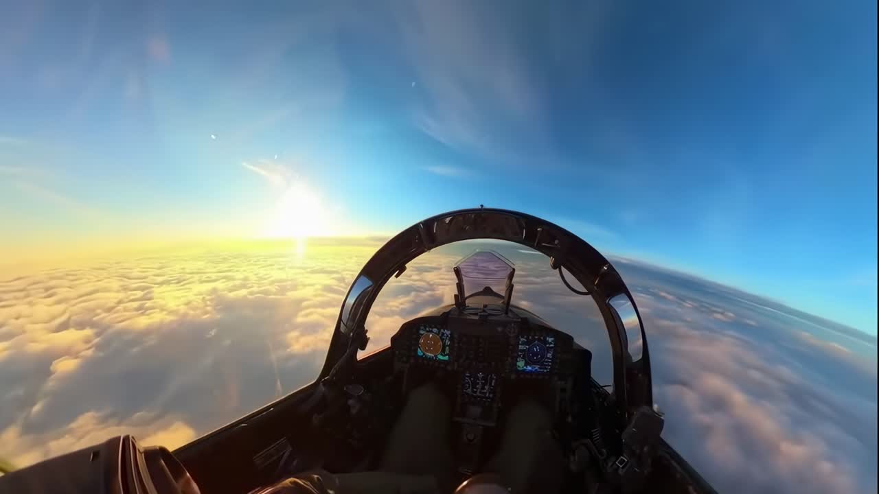 Video dinamico con vista dalla cabina di pilotaggio che cattura un jet che si libra sopra le nuvole al tramonto, con una leggera angolazione verso l'alto.