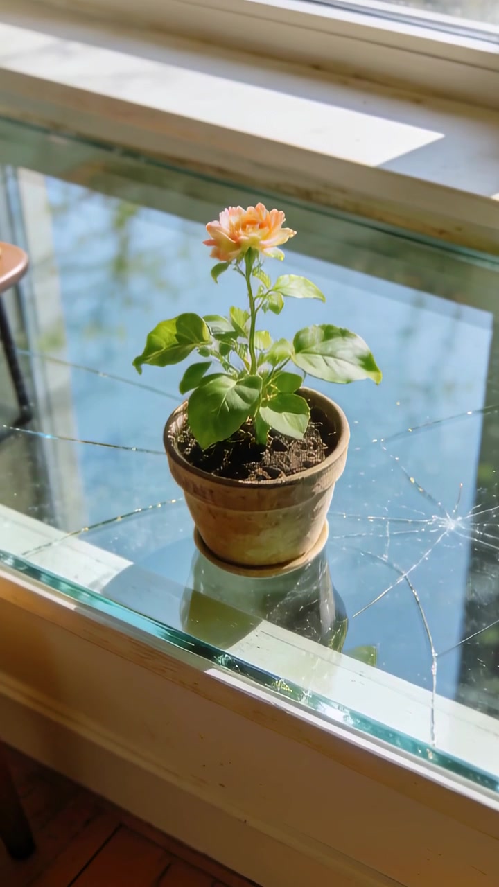 Vertical video: Moving camera bringing peach bloom in pot closer on window sill, cracked glass