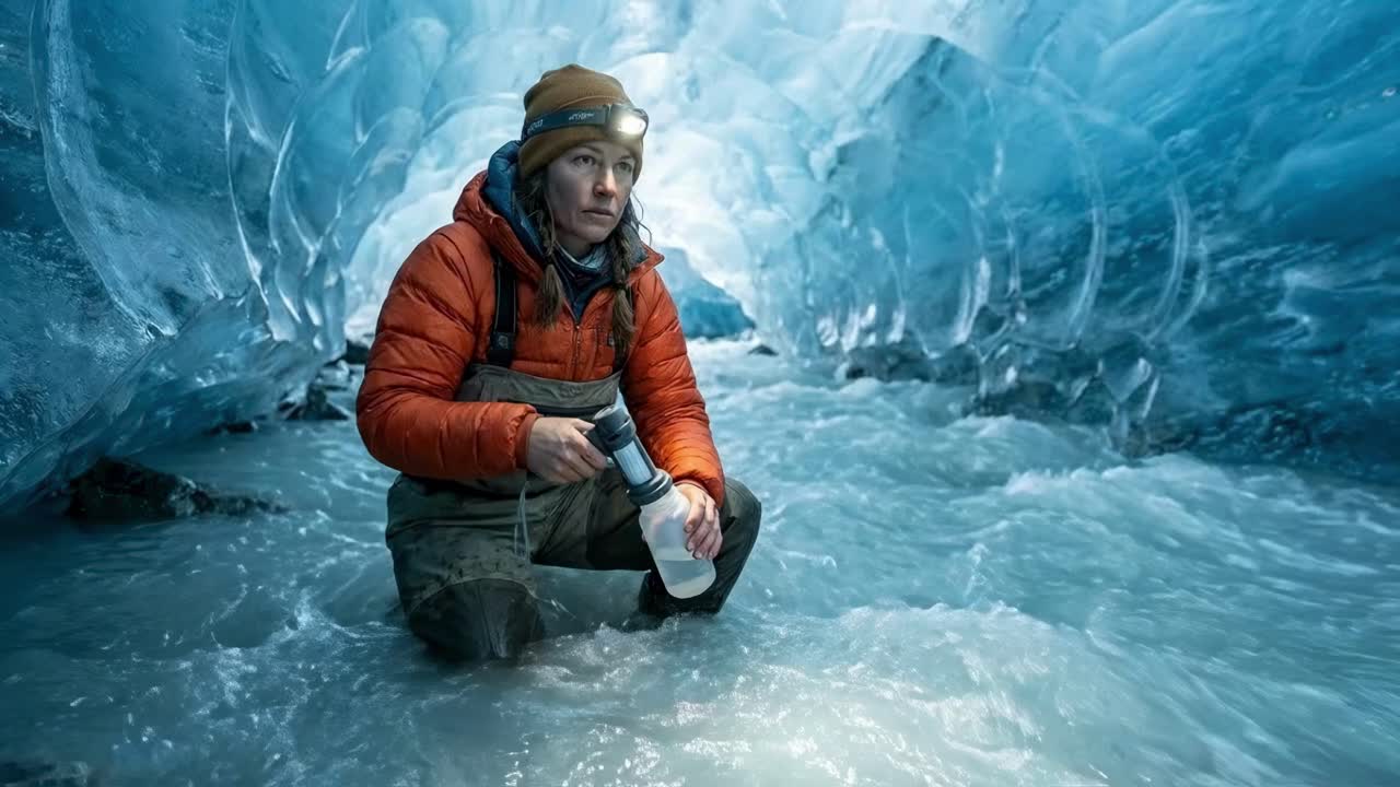 Kvinde udforsker en isgrotte i en gletsjer