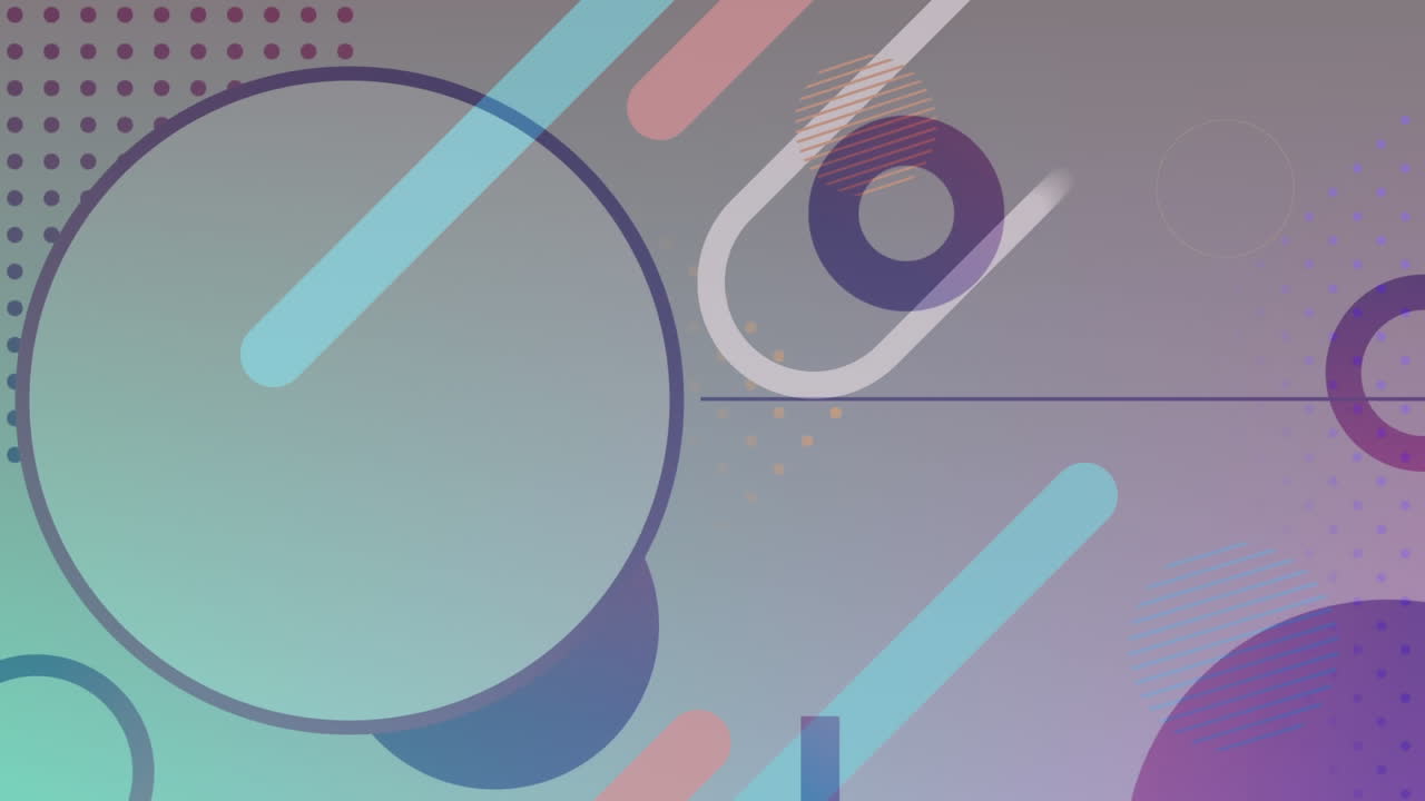 여러 개의 추상적인 모양이 보라색 배경에 움직이고 있습니다.