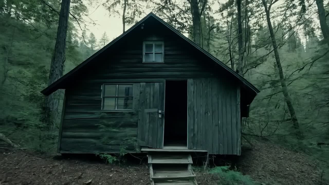 바람이 숲의 오두막을 둘러싸고 있는 나무들을 가로질러 걱거리는 동안 카메라가 더 가까이 가서 그 시골적인 매력을 드러니다.