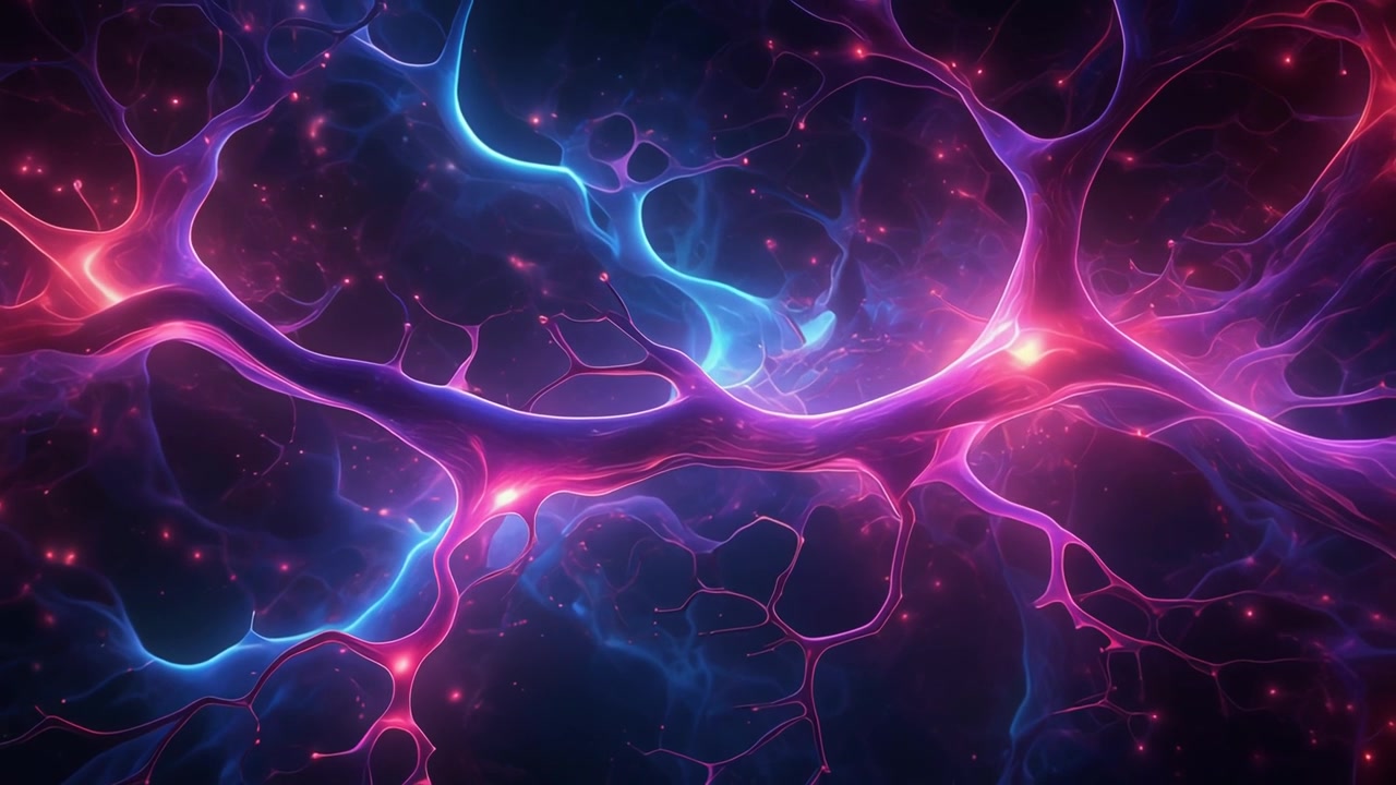 Animazione astratta di rete neurale con energia rosa e blu incandescente