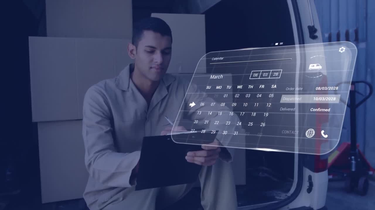 animación de la interfaz digital con calendario y procesamiento de datos a través del repartidor biracial