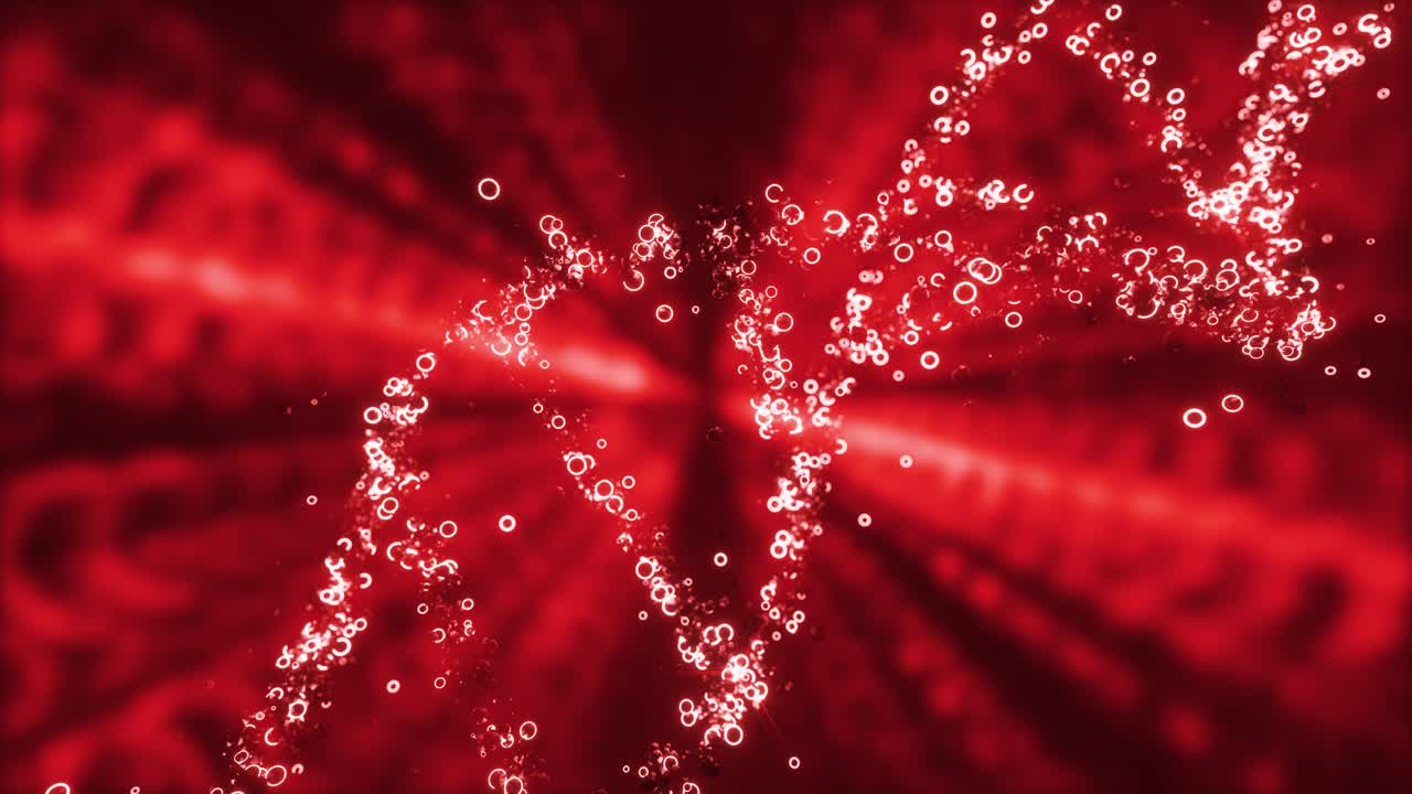 Neon glowing color DNA floating from gene against dark background, 3d animation zoom in