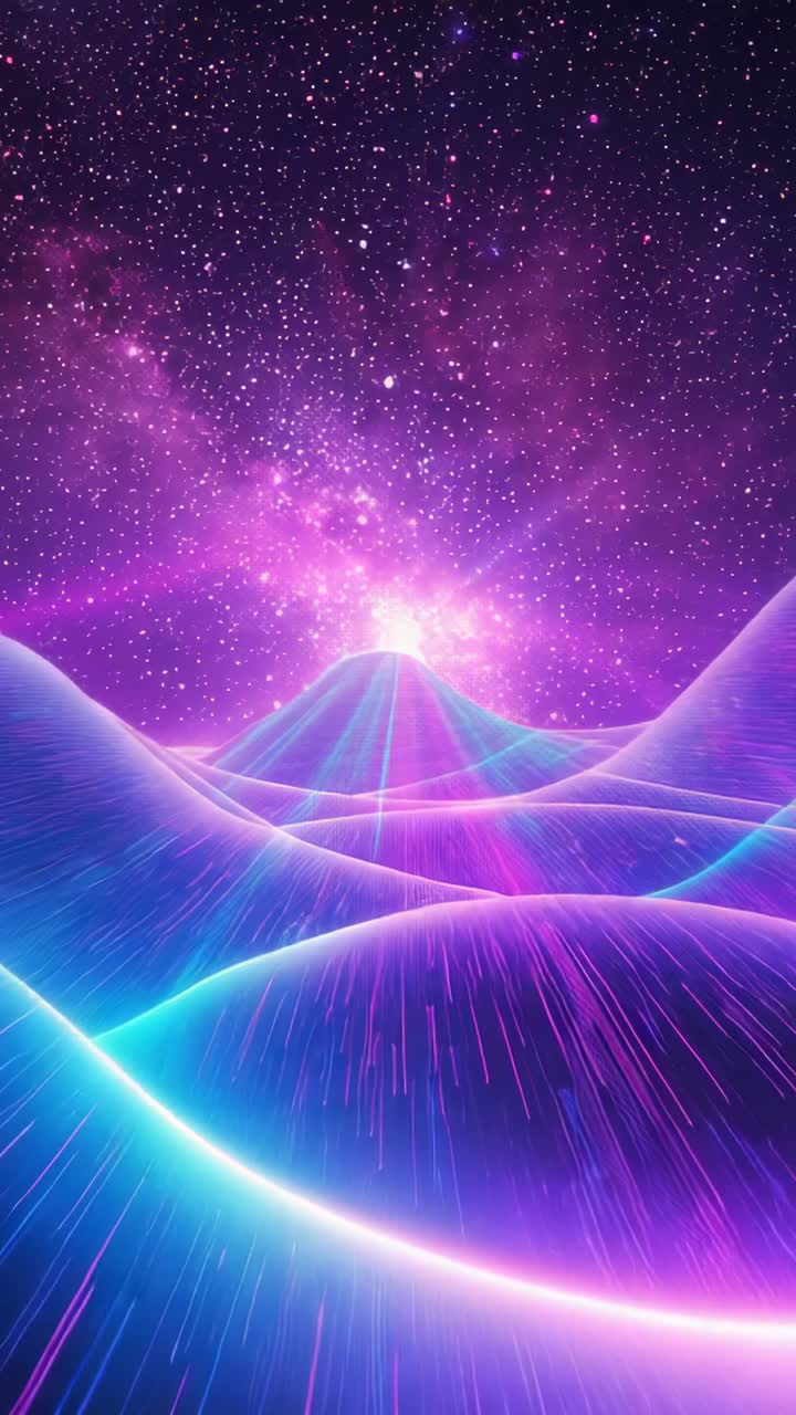 Vertical video: Panning camera on load through neon dunes under purple galaxy sky, with star field