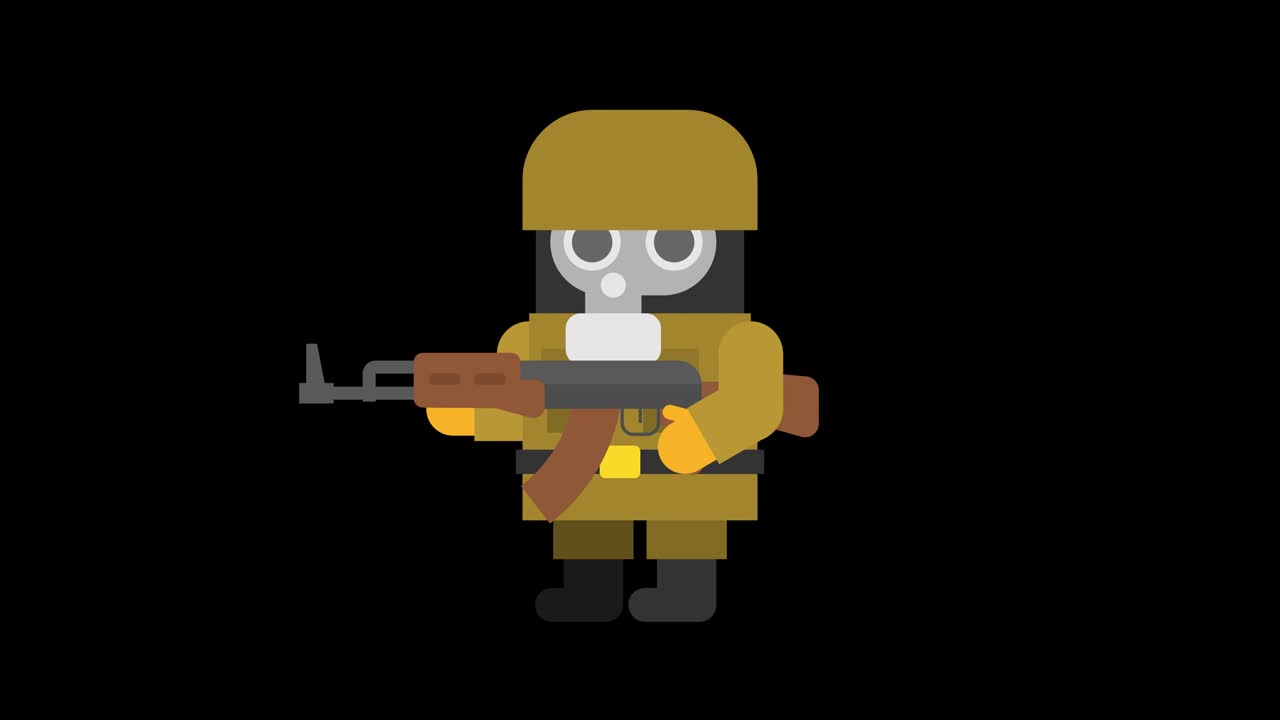 el sargento soldado con la máscara de gas camina y dispara con la ametralladora. conjunto de animación. canal alfa