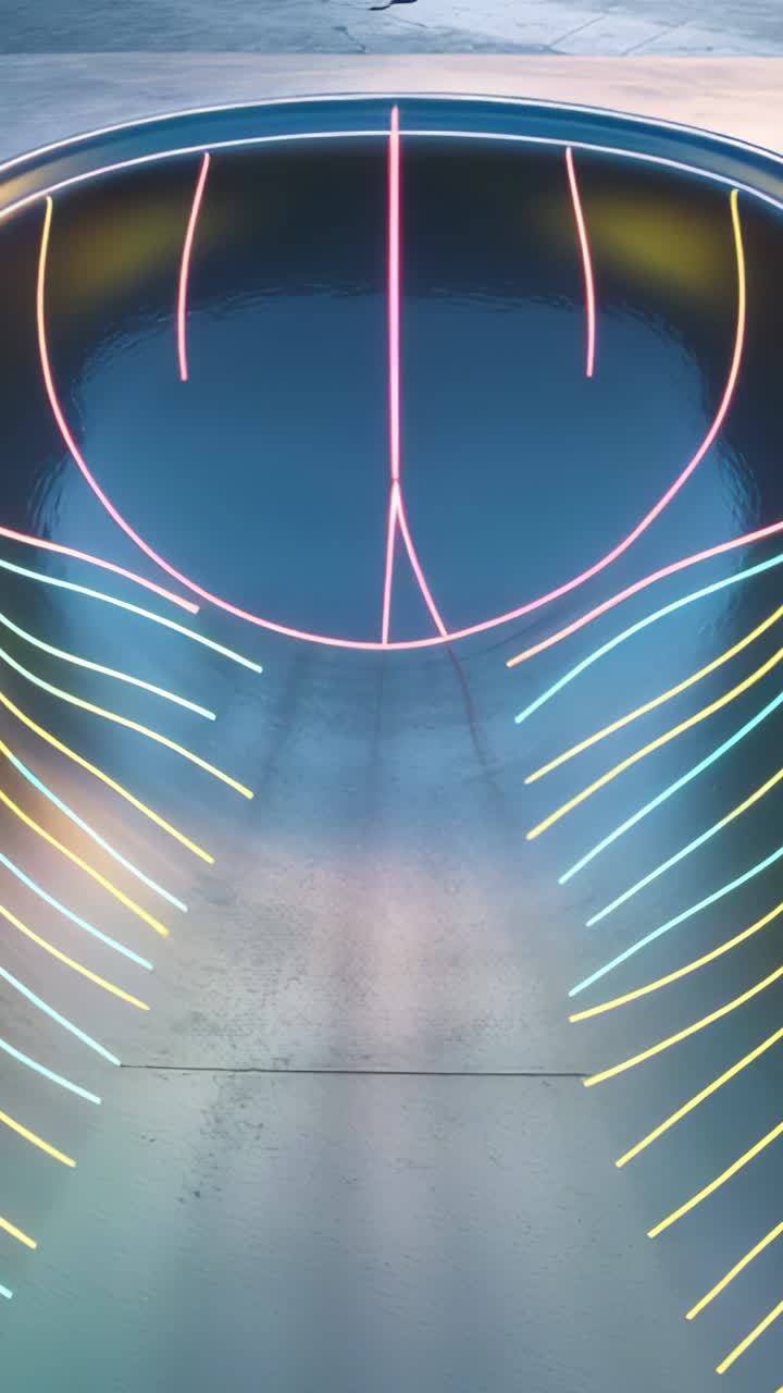 Vertical video: Starting camera panning over concrete bowl in plaza, neon LED strips showing lines