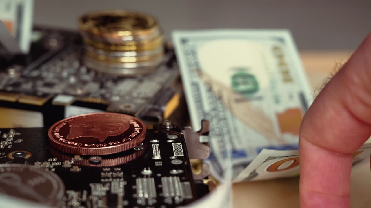 Composition with golden and silver bitcoin crypto money, dollars and computer graphic mining cards