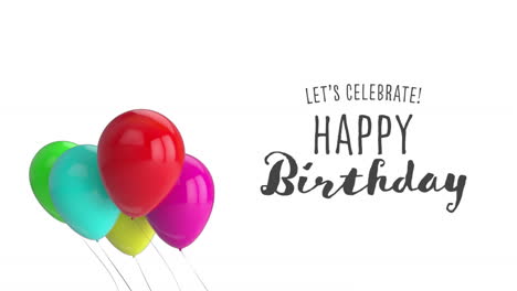 texto animado de "feliz cumpleaños" y globos de colores flotan sobre un fondo blanco.