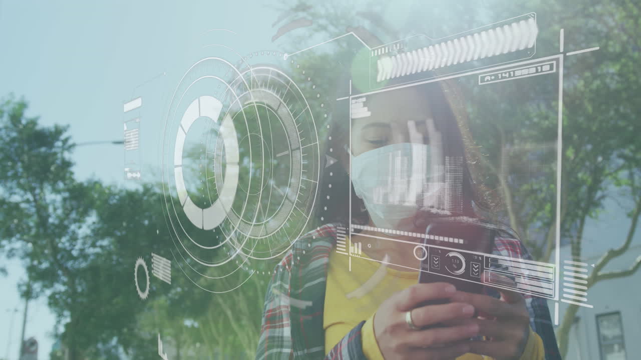 Data processing and round scanner against woman wearing face mask using smartphone on the street