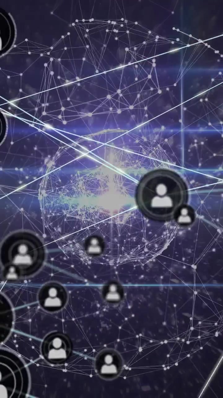 Video verticale: Nodo centrale che pulsa, collegando nodi verso l'esterno, rivelando una rete tecnologica in espansione.