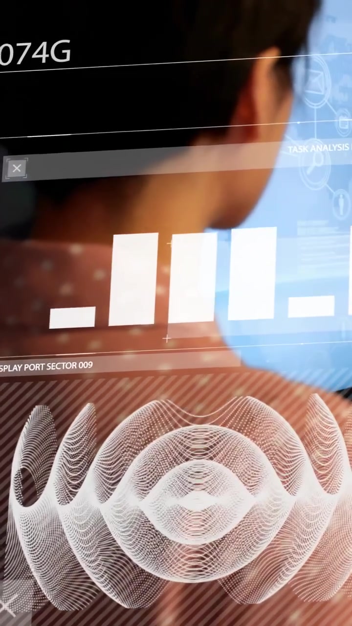Vertical video: Woman analyst watching tech UI, system sending live wave and bars for diagnostics