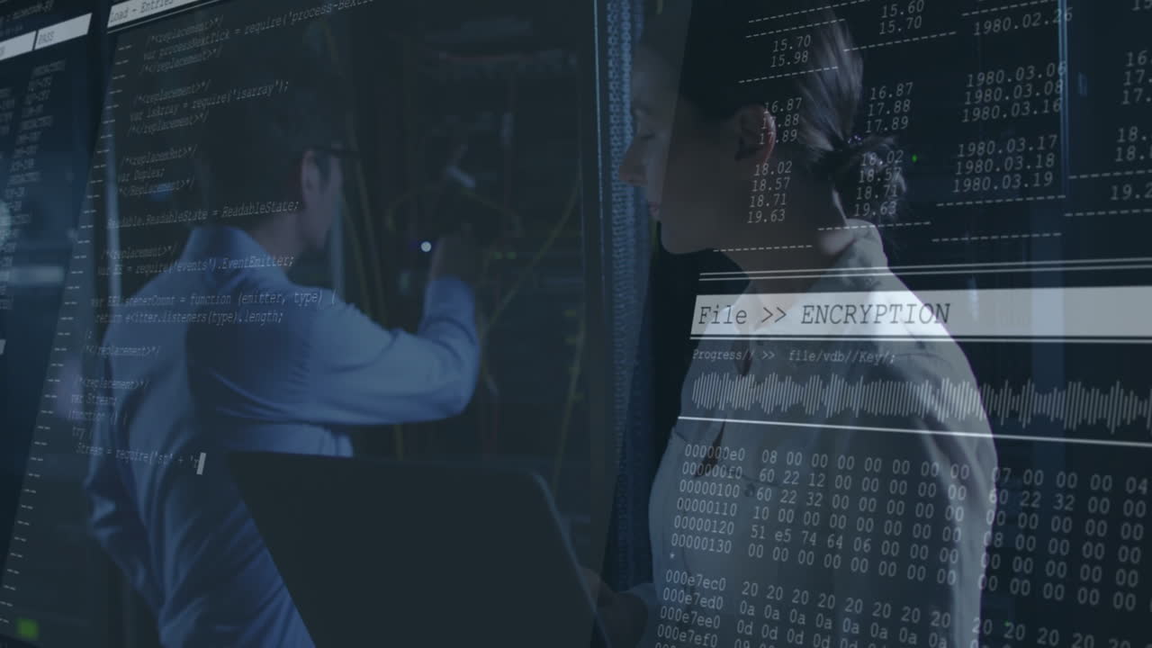 Working on servers, technicians analyzing encryption data overlay in dark room