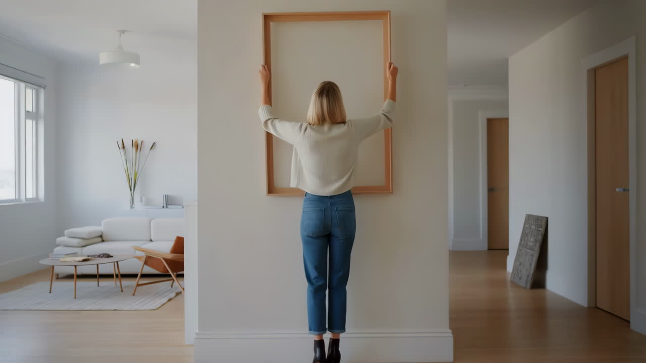 Woman holding a large empty picture frame against a white wall in a modern home