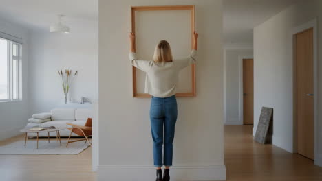 woman holding a large empty picture frame against a white wall in a modern home