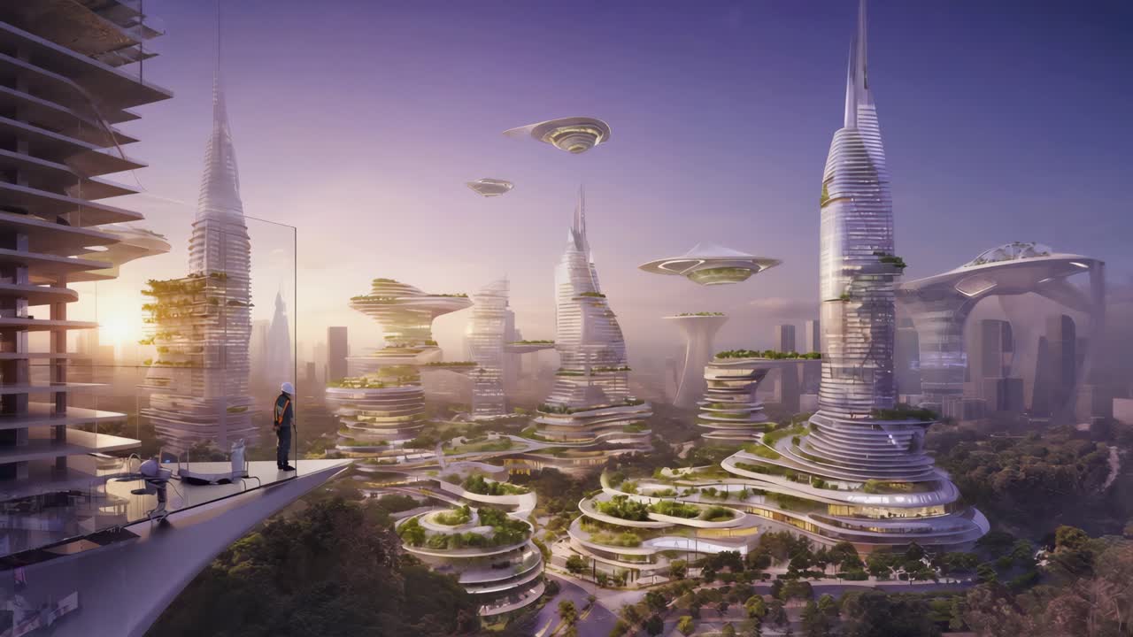 A futuristic city with sustainable architecture and flying vehicles