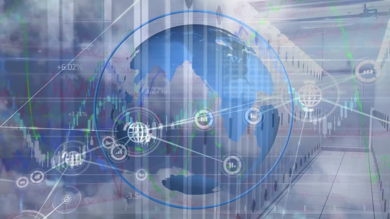 연결 네트워크, 다양한 금융 데이터, 그래프 및 글로벌 오버 서버의 애니메이션