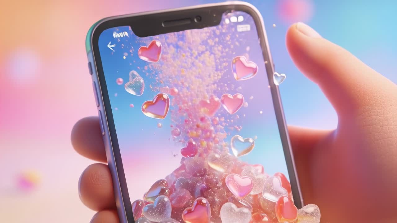 Toccando il pulsante "Abbraccio Virtuale", una mano rilascia perline a forma di cuore dal telefono su un set color pastello, formando una montagnetta di abbracci.