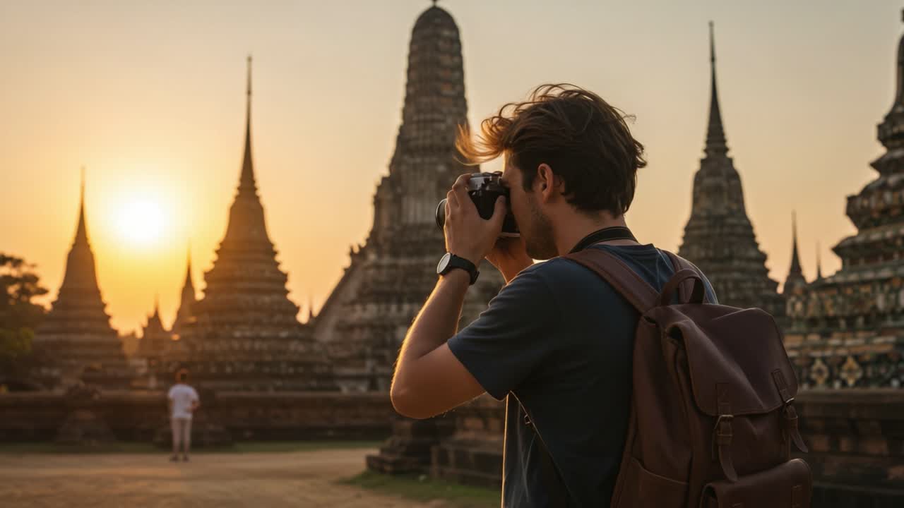 Capturing the Golden Hour: A Traveler Immersed in the Beauty of Ancient Temples as the Sun Sets Behind Iconic Structures