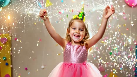 niña pequeña celebrando su cumpleaños con chispas y confeti