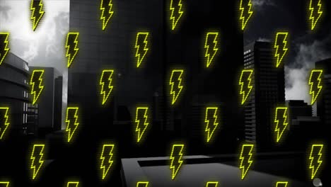 digital animation of multiple thunderbolt icons in seamless pattern against tall buildings