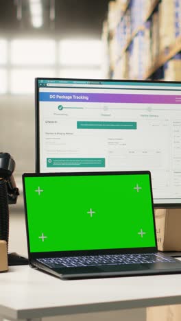 vertical video female warehouse clerk checking awb labels next to chroma key on screen
