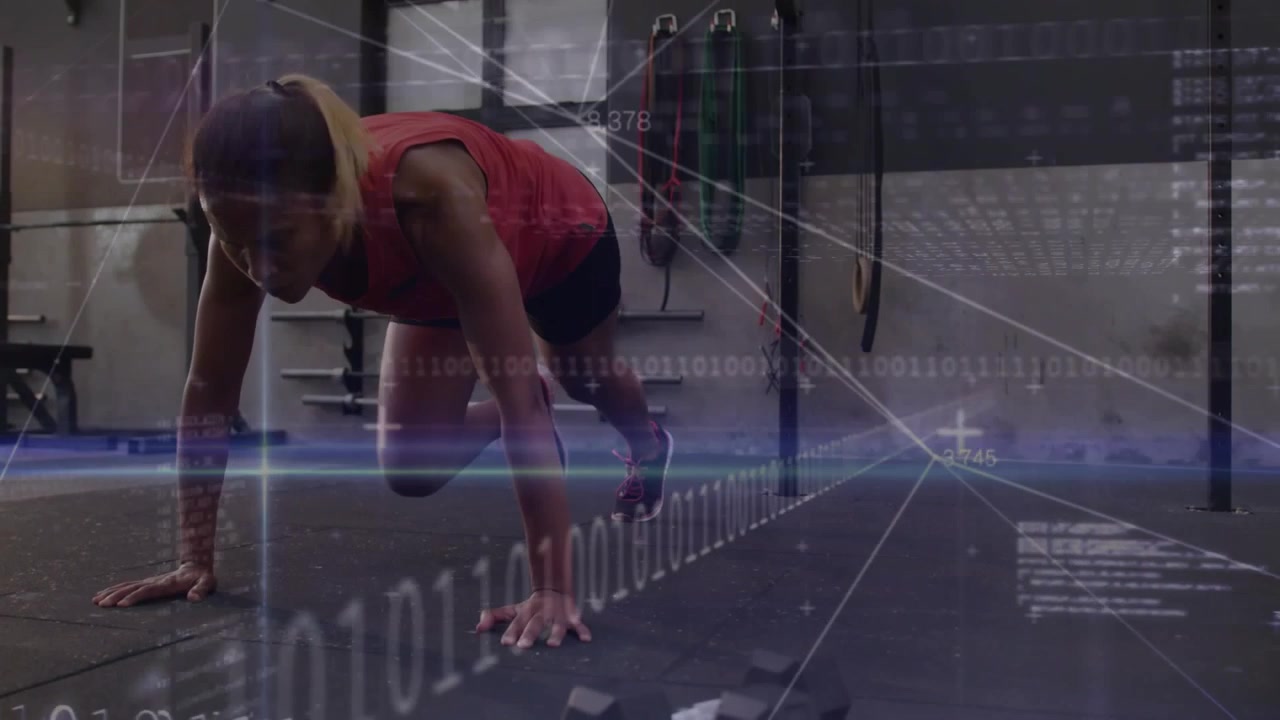 Vertical video: Female trainee starting plank doing knee tucks for gym as binary bars passing over