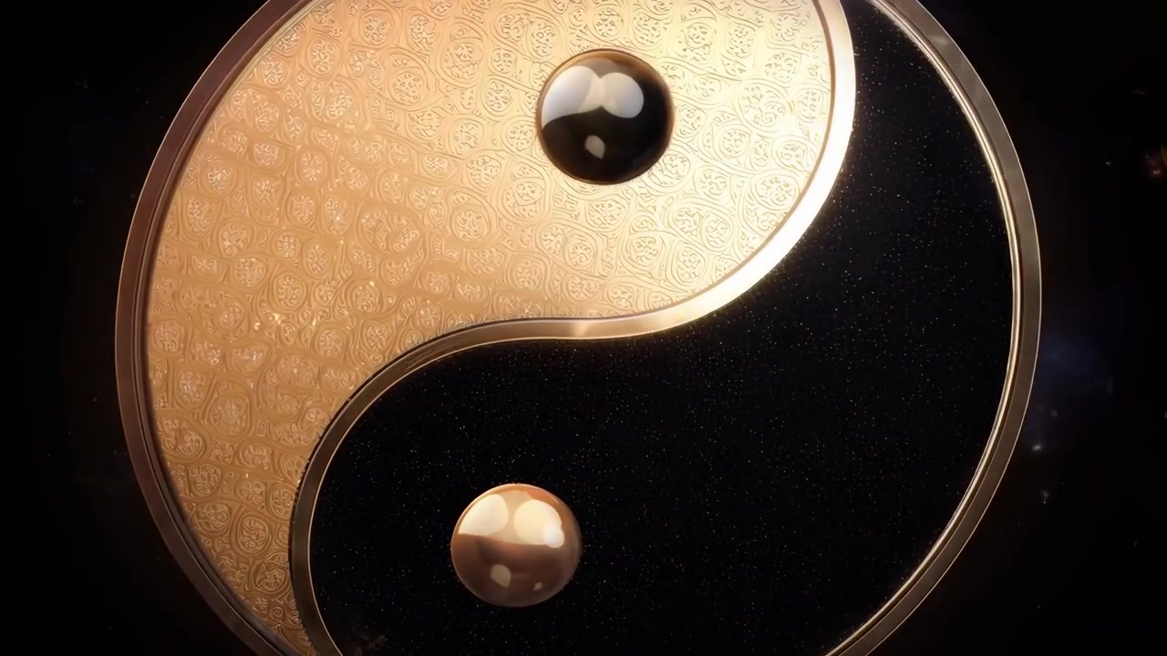 Simbolo Yin Yang dorato animato con motivo ornamentale e sfere