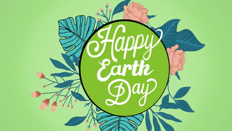 animation of happy earth day text logo over flowers on green background