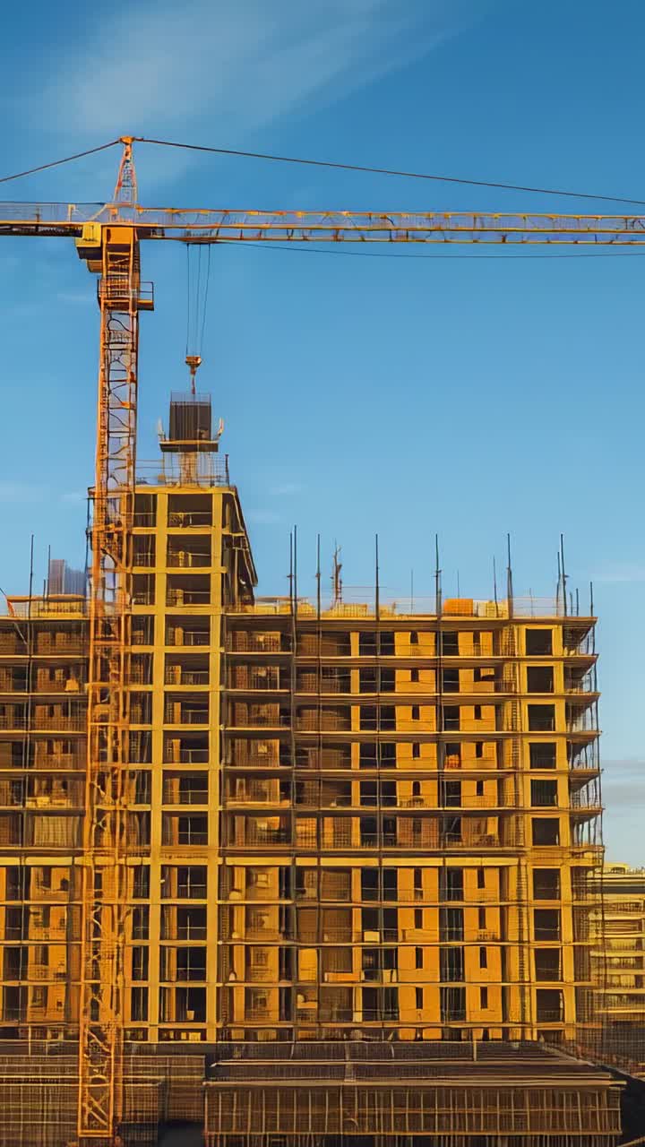 Vertical video: Extending crane boom and lowering hook to lift panels at site, constructing frame