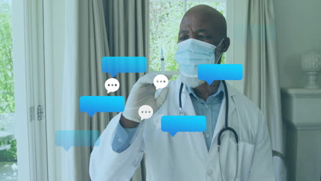 male doctor wearing mask, holding syringe near window, with speech bubbles showing health data