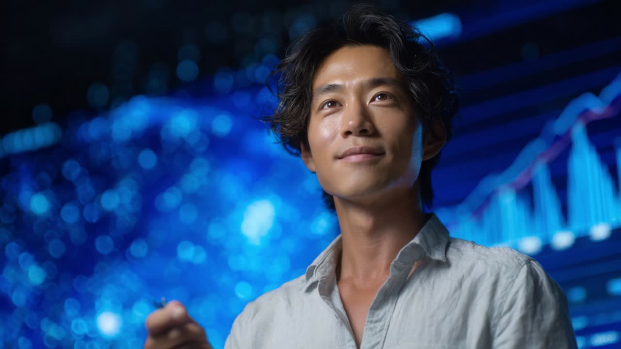 Captivating moment of a young man in a modern digital environment, engaging with advanced technology and data visualizations, portraying a sense of curiosity and anticipation for future possibilities