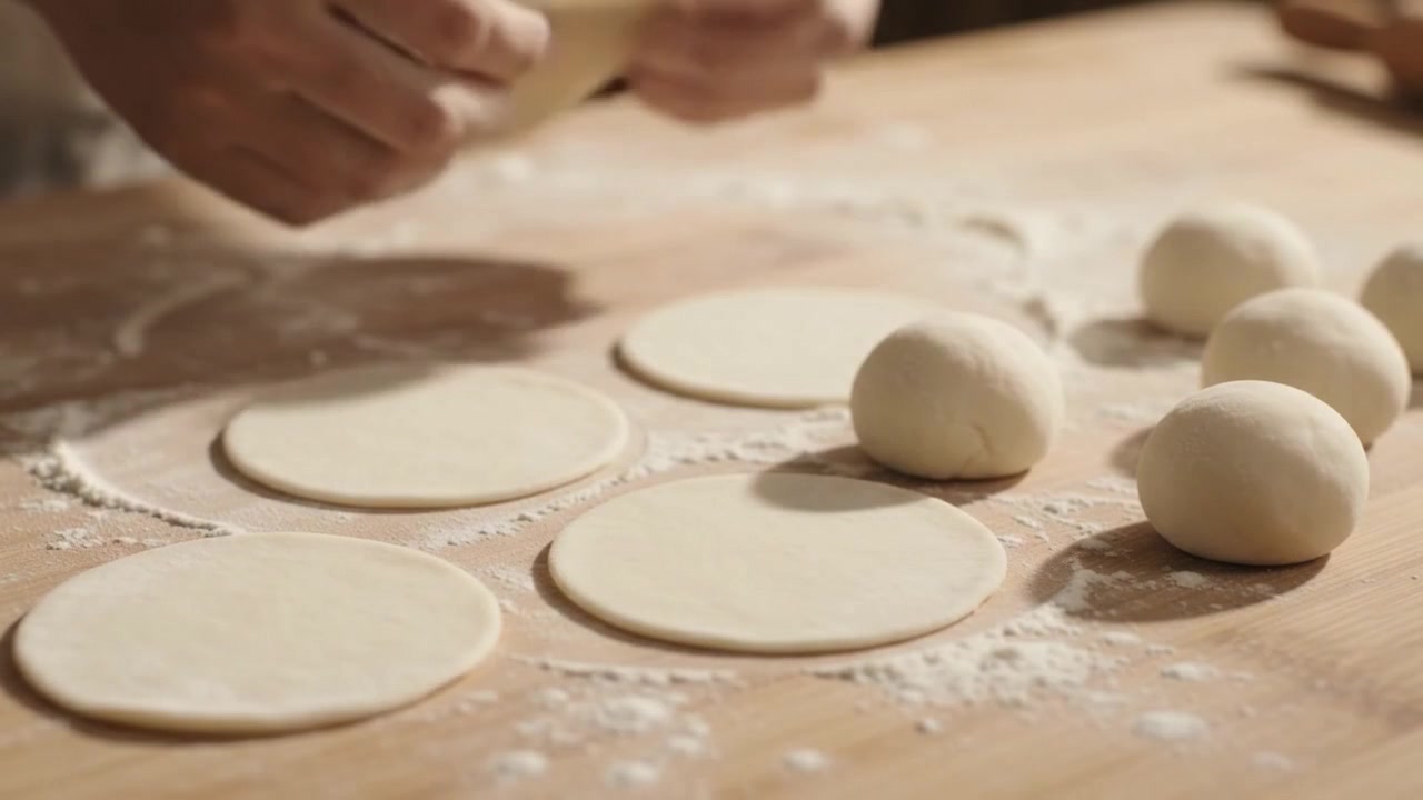 Padeiro preparando massa para bolinhos em uma mesa de madeira