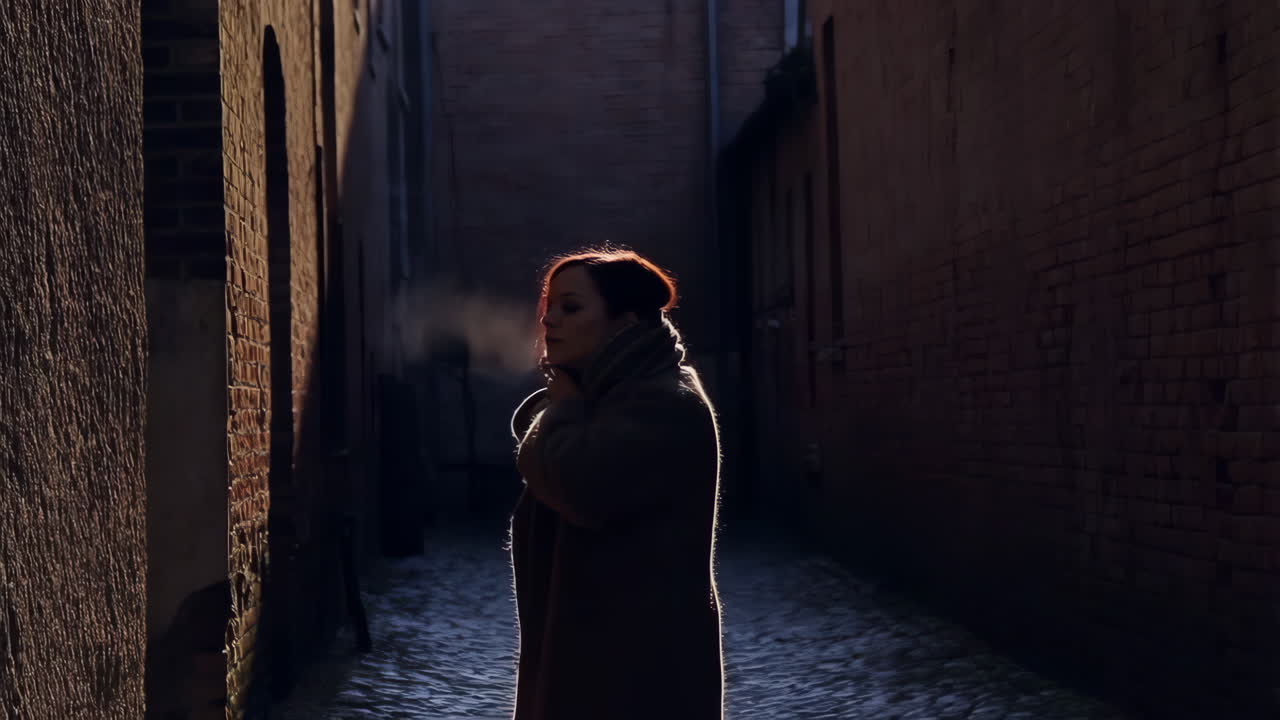 A woman stands in a dark alleyway on a cold night