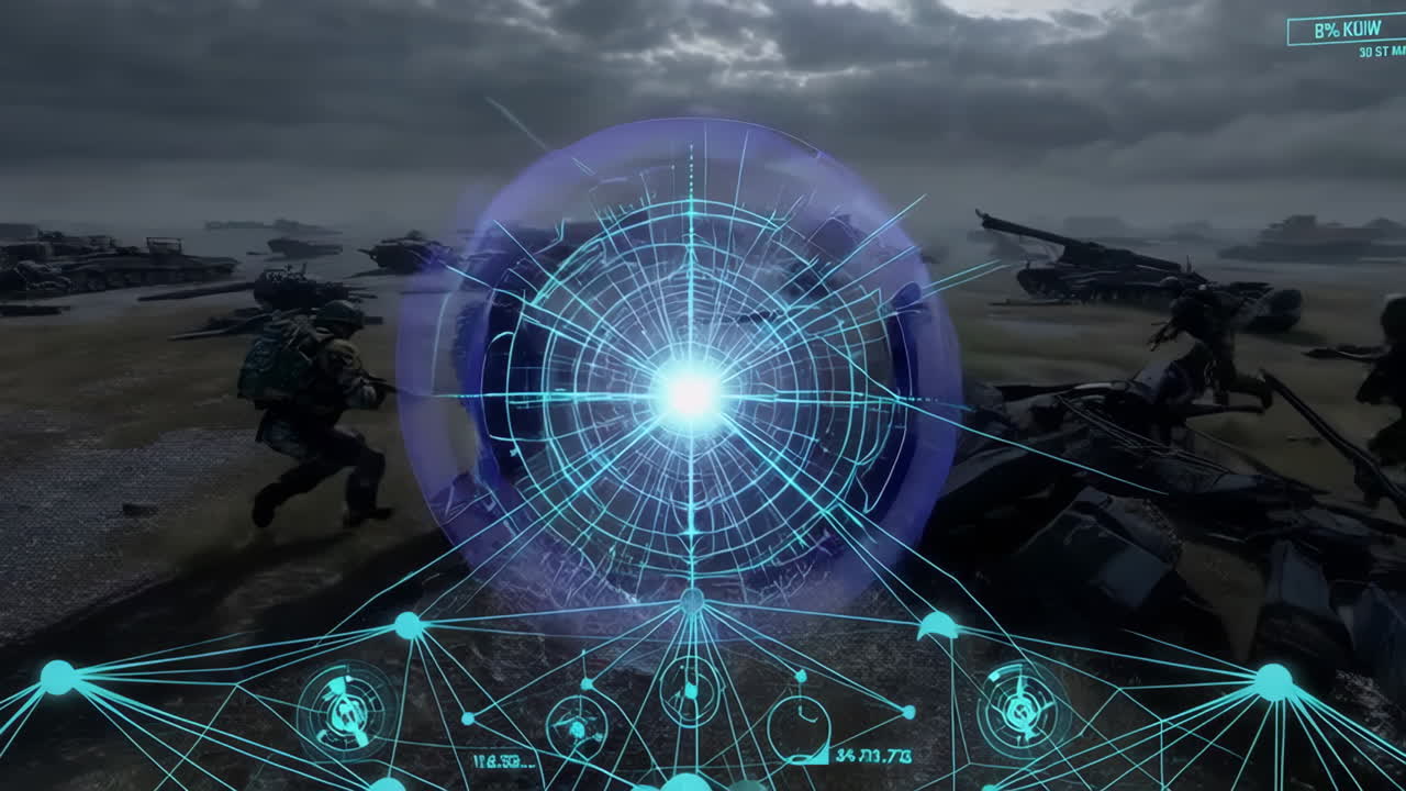 Futuristic Military Combat with Holographic UI and Energy Blast