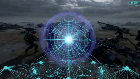 futuristic military combat with holographic ui and energy blast
