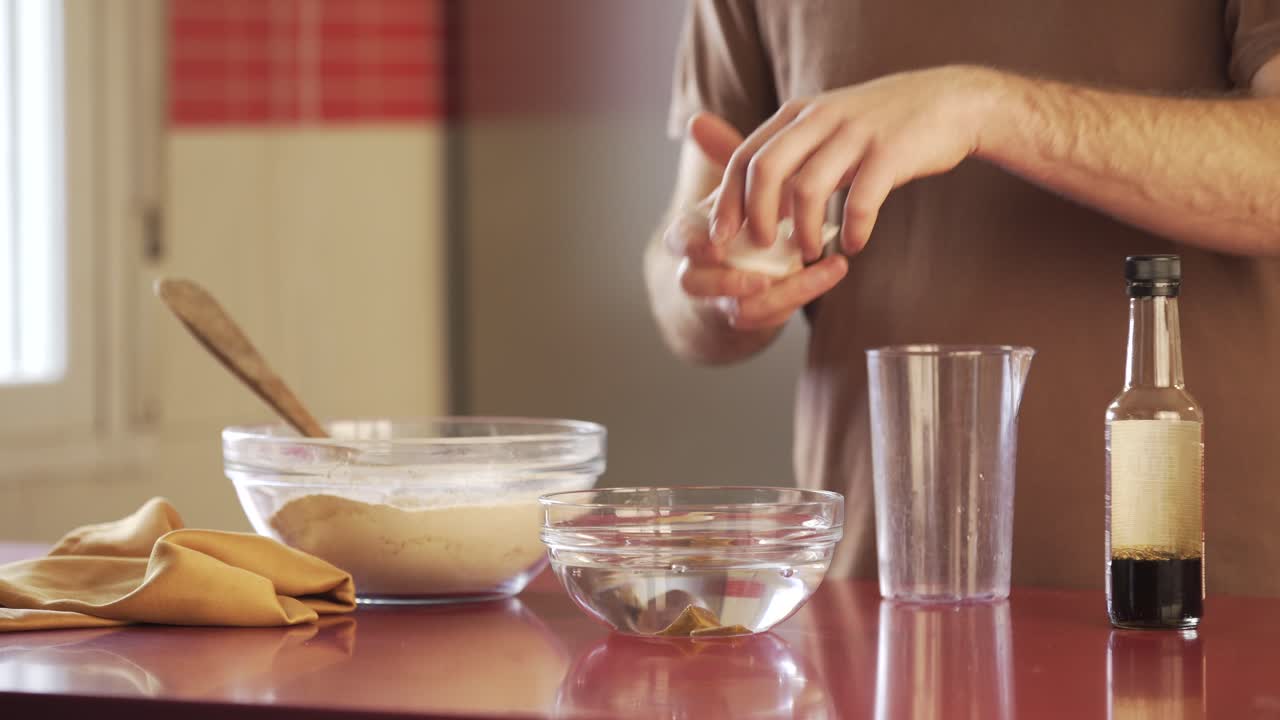 Man making vegan meat. Process, how to cook seitan