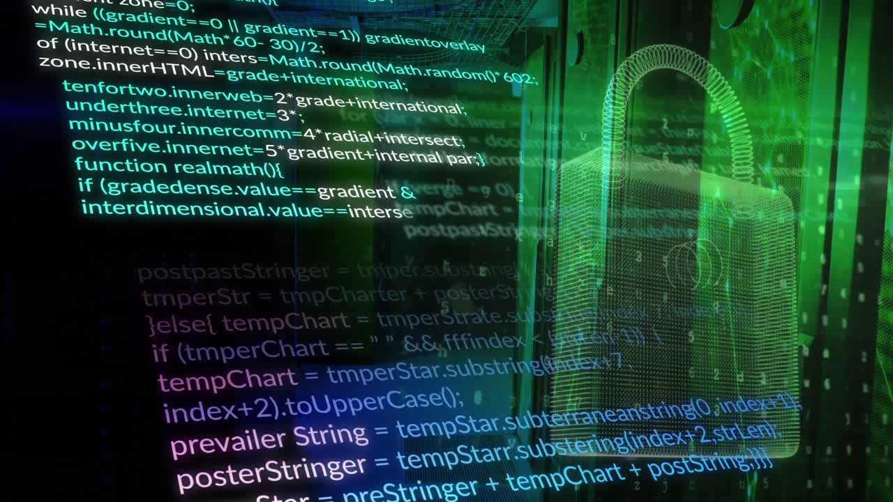 animación del lenguaje informático, el candado, las letras, los números, los símbolos y los números en la sala del servidor