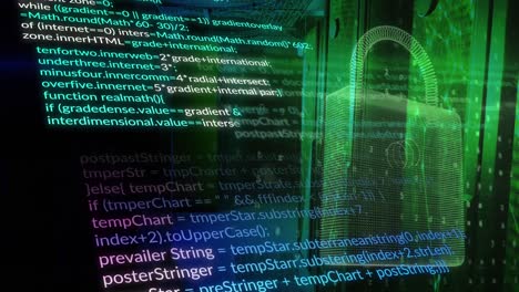 Animation of computer language, padlock, letters, numbers, symbols and numbers over server room