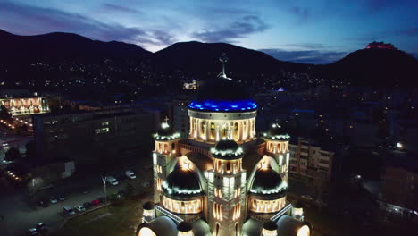 medium, reveal shot of the orthodox cathedral in the centrum of deva at dawn