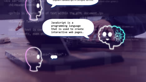 animación de todo el texto, iconos y procesamiento de datos sobre el hombre caucásico usando computadora