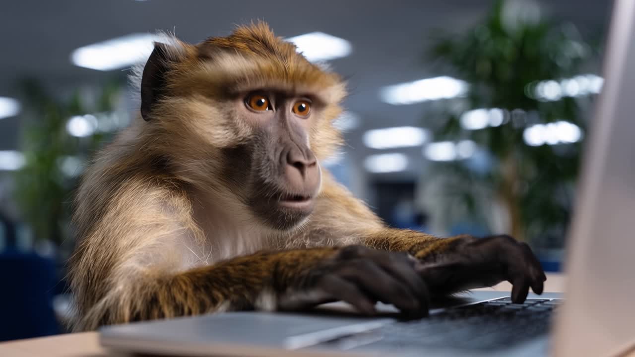 Abe taster på bærbar computer i et kontormiljø. Fingre trykker på tasterne med et fokuseret udtryk. Baggrunden viser slørede planter og loftslamper. Scenen antyder absurditeten i menneskelige arbejdsrutiner.