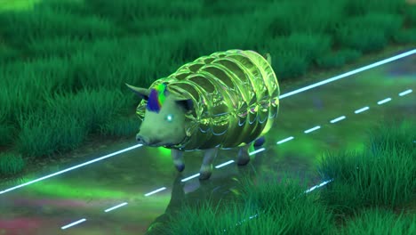 a futuristic pig wearing a plastic bottle, walking on a road with neon lights