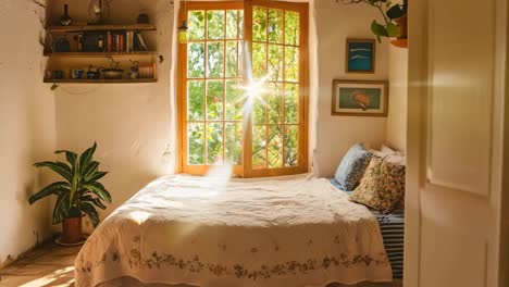 a bedroom with a bed and a window with a view