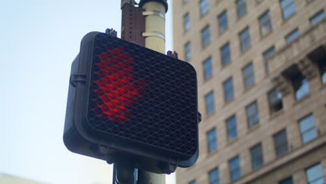 Pedestrian-crossing-light-hanging-on-traffic-pole-on-sidewalk-pavement-closeup.