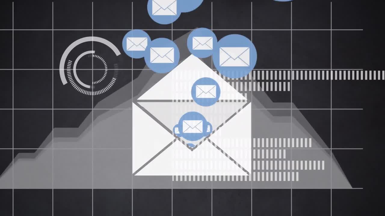 Animation of social media icons over network of connections with statistics