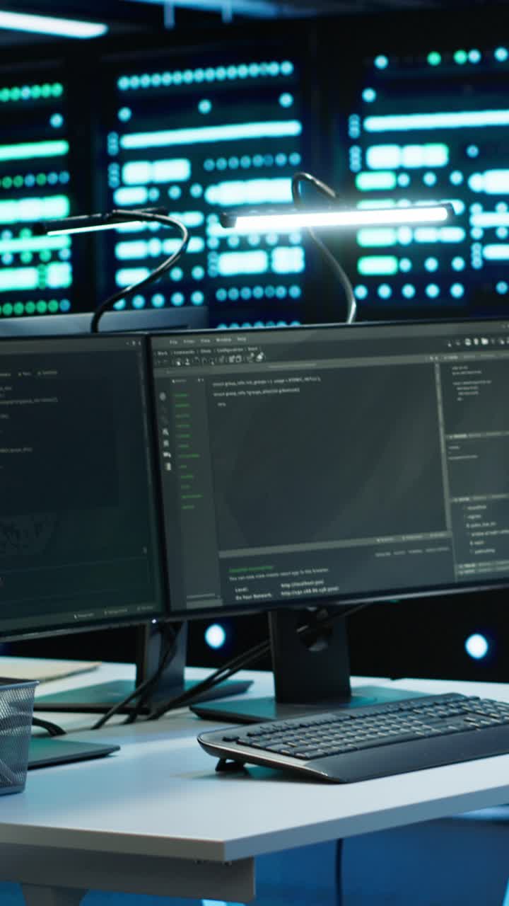 Male Programmer Working on Computer in Server Room