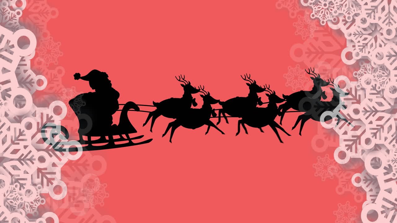 animación de santa claus en trineo con renos sobre la nieve cayendo sobre un fondo rojo
