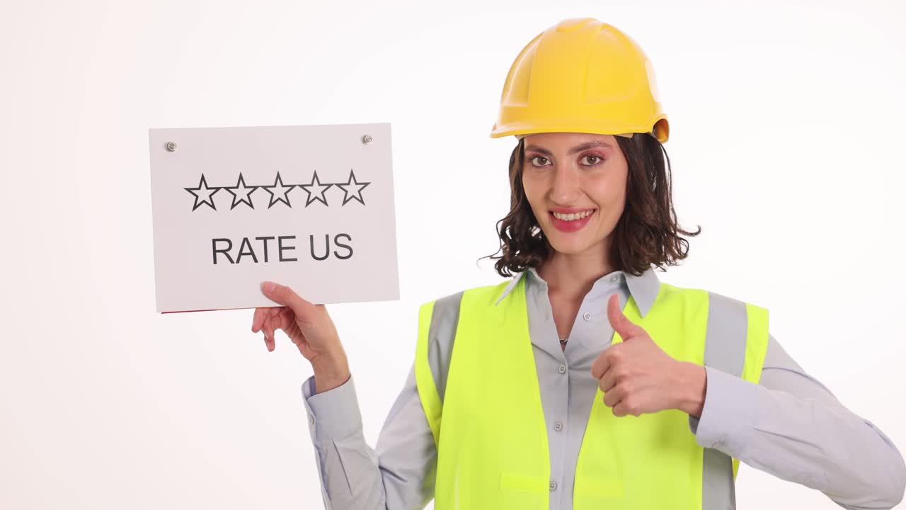 Smiling woman engineer holds rate us sign with five stars