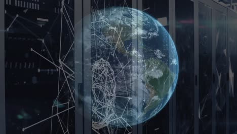 network of connections and globe spinning against server room